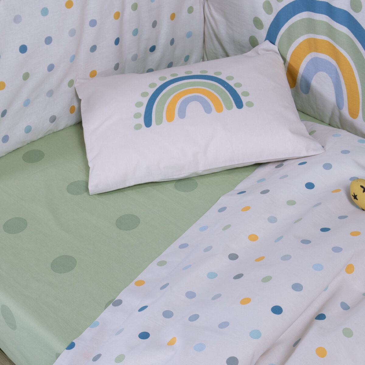 BABY DOTS Posteljina za krevetac sa plahtom i čaršavom ECRU/GREEN - Image 3