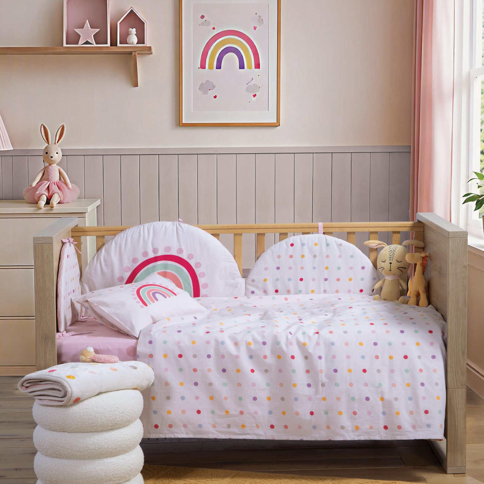 040813-3 BABY DOTS Ogradica za krevetac ECRU/PINK - Image 1