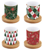 FANCY CHRISTMAS Set 4 šoljice za kafu od porcelana sa tacnama od bambusa