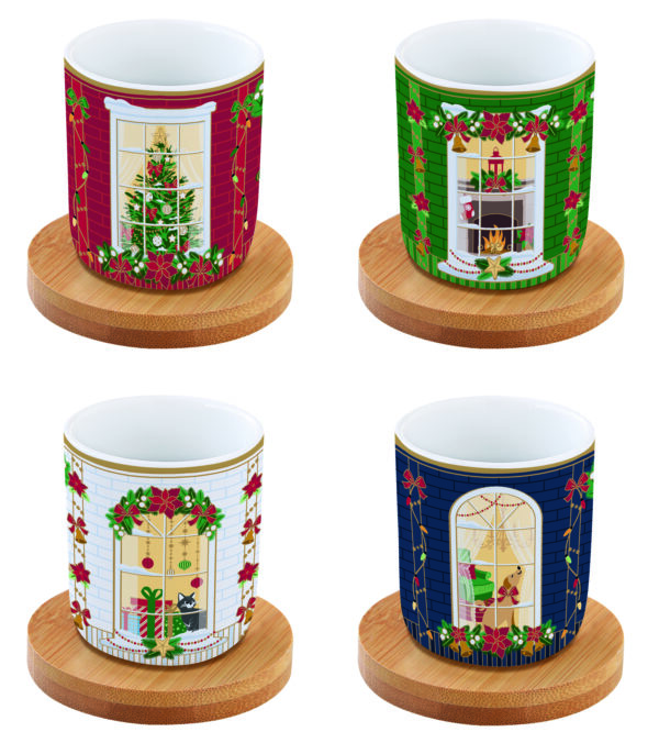 FESTIVE AVENUE Set 4 šoljice za kafu od porcelana sa tacnama od bambusa